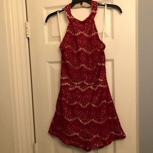 NWT She + Sky red lace backless halter romper